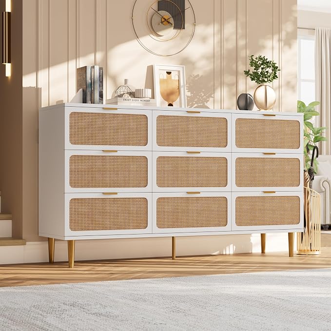 GarveeHome Rattan 9 Drawer Dressers for Bedroom, Deep Drawer, White | Tall Dresser, Wide Top, for Living Room, Hallway, Kids Room, Large Chest of Drawers for Closet, Long Wooden Dresser