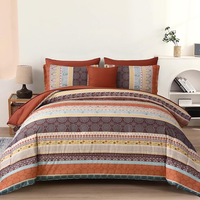 Cottolester Boho Comforter Set Full Size,8 Pieces Red and Orange Bohemian Striped Bed in a Bag,Paisley Soft Microfiber Bedding Comforter Set