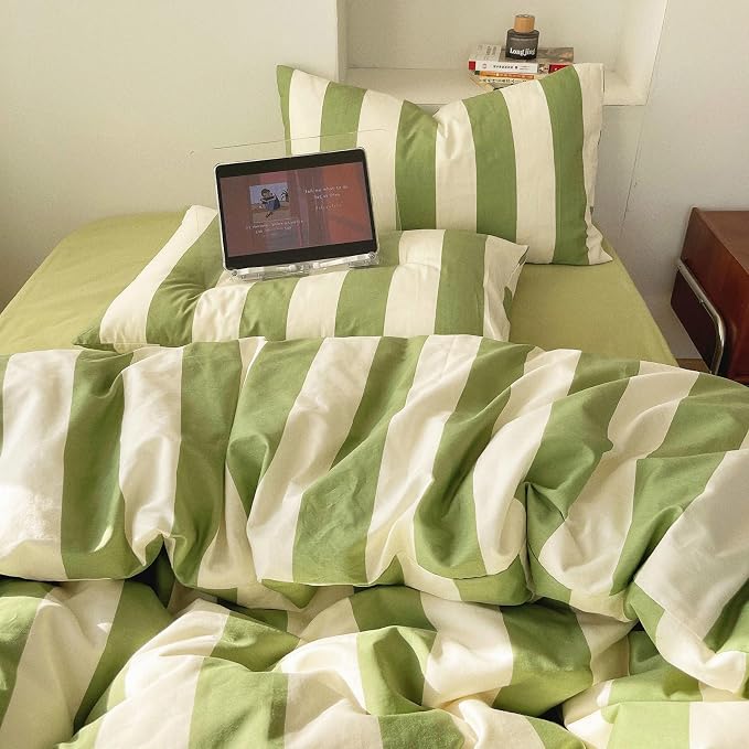 LifeTB Striped Comforter Set Queen Green White Stripes Pattern Printed Comforter 3 Pieces Lightweight Bedding Comforter with 2 Pillowcases Breathable Soft Comfy Farmhouse Striped Comforter Set