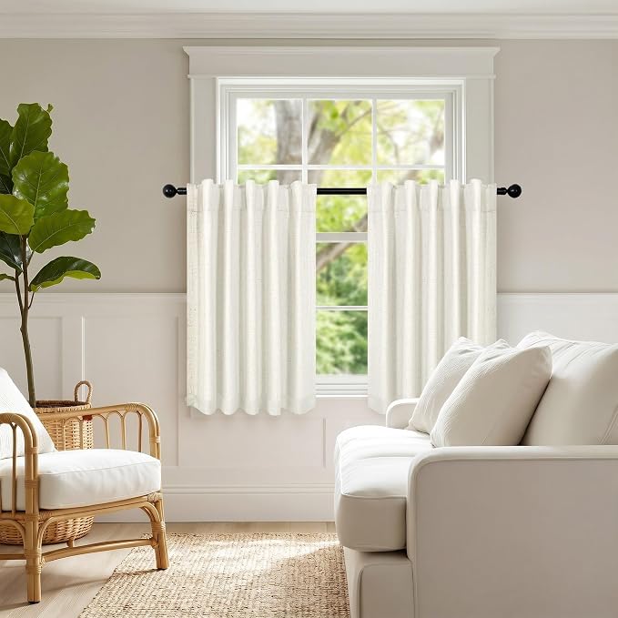 36 Inch Length Linen Blackout Curtains for Kitchen Windows Over Sink Boho Short RV Bedroom Small Curtain for Camper Room Darkening Thermal Insinuated Cafe Drapes Cream Ivory 2 Panels 42" W x 36" L