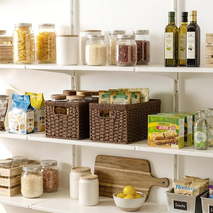StorageWorks Rectangular Wicker Storage Baskets for Organizing, 2-Pack | Paper Rope Wicker Storage Baskets for Shelves, Dark Brown Wicker Baskets with Handle, Brown Baskets for Storage,Woven Baskets