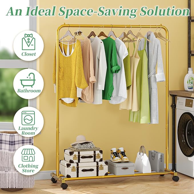 Simple Trending Clothes Clothing Garment Rack, Clothes Organizer, Gold | Storage Shelves, 360° Lockable Wheels, Anti-Slip Stoppers, Bedroom, Laundry Room