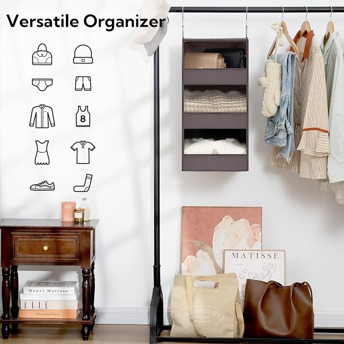 GRANNY SAYS 3-Shelf Hanging Closet Organizer, Foldable Storage, Dark Brown | 33 lb Capacity, No-Sag Support, Keeps Clothes Neat, Folds Flat, Fits RV, Dorm & Small Closets