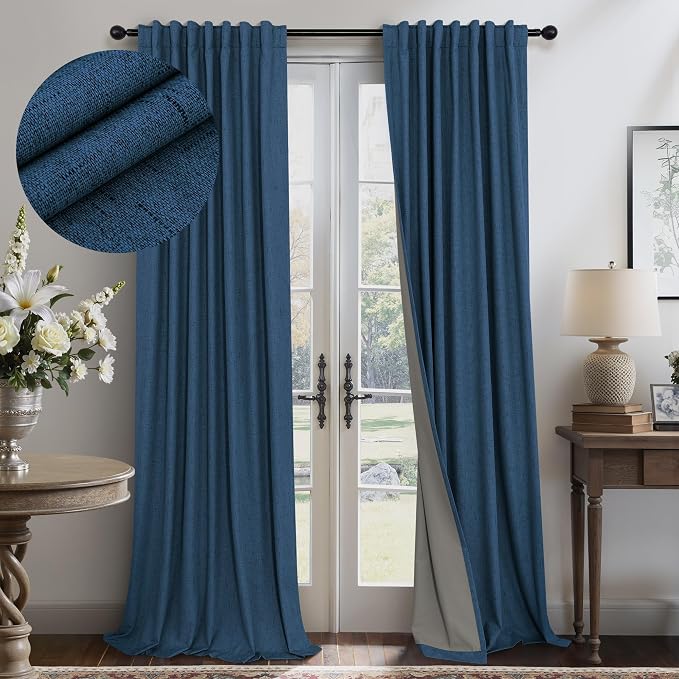 Navy Blue Curtains for Living Room 102 Inch Long 100 Percent Blackout Linen Look Viral Window Curtains for Bedroom Black Out Drapes for Nursery Bedroom Dorm 52x102 Length 2 Panels Midnight Royal Blue
