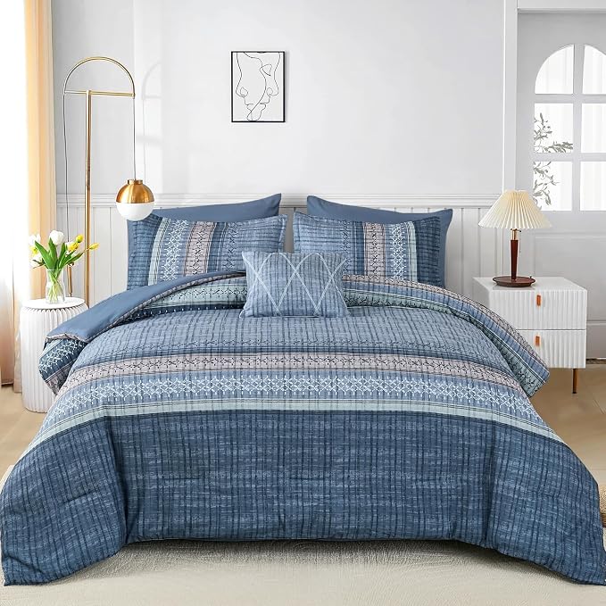 Dintszyayue Blue Comforter Set Full Size, 8 Pieces Boho Striped Bed in a Bag Soft Microfiber Bedding Set for All Season