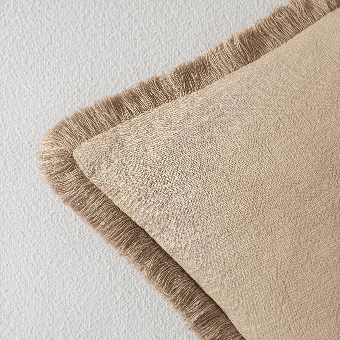 MIULEE Boho Linen Fringe Decorative Euro Throw Pillow Covers Camel 24x24 | Set of 2, Cottagecore Decor, Boho Farmhouse Neutral Pillow Covers, Rustic Couch Cushion Cases for Sofa Bed Living Room