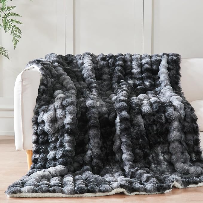 60x80 Inches Ultra-Soft Fuzzy Faux Fur Plush Twin Size Blanket - Thick, Warm Sherpa for Couch, Sofa, Bedroom, Camping - Decorative Blanket for Cozy Warmth, Bubble Black Tie Dye