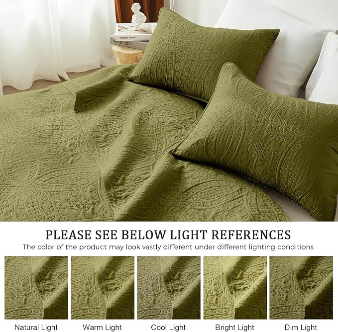 akkialla Full/Queen Quilt Set,Olive Green Lightweight Bedspread with Coin Pattern, Soft Microfiber Coverlet for All Seasons, Contemporary Decorative Bedding (1 Quilt, 2 Pillow Shams)