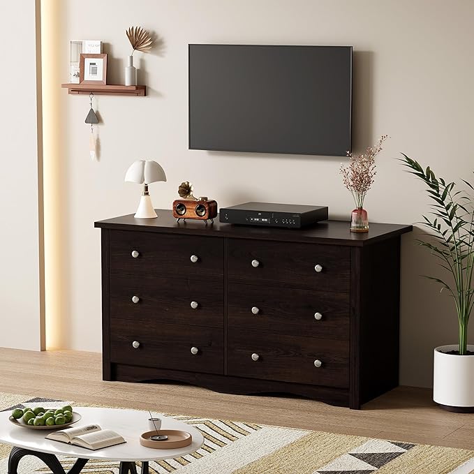 Shahoo Dresser for Bedroom with 6 Drawers, 47.2" Wood Dresser, Brown | Chests of Drawers, Anti-tip, Storage Organizer, TV Stand for Living Room, Closet, Hallway, Dormitory