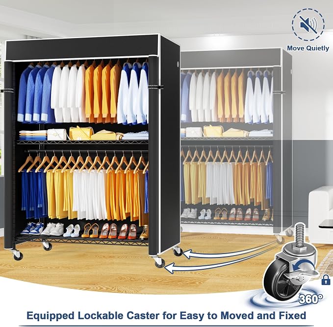 P8C Pro Heavy Duty Clothes Rack（With Extended Width Design） Rolling Clothing Racks for Hanging Clothes with Lockable Wheels，42" W x 15.8" D x 80.5" H，Load 700LBS，Black Rack with Black Cover