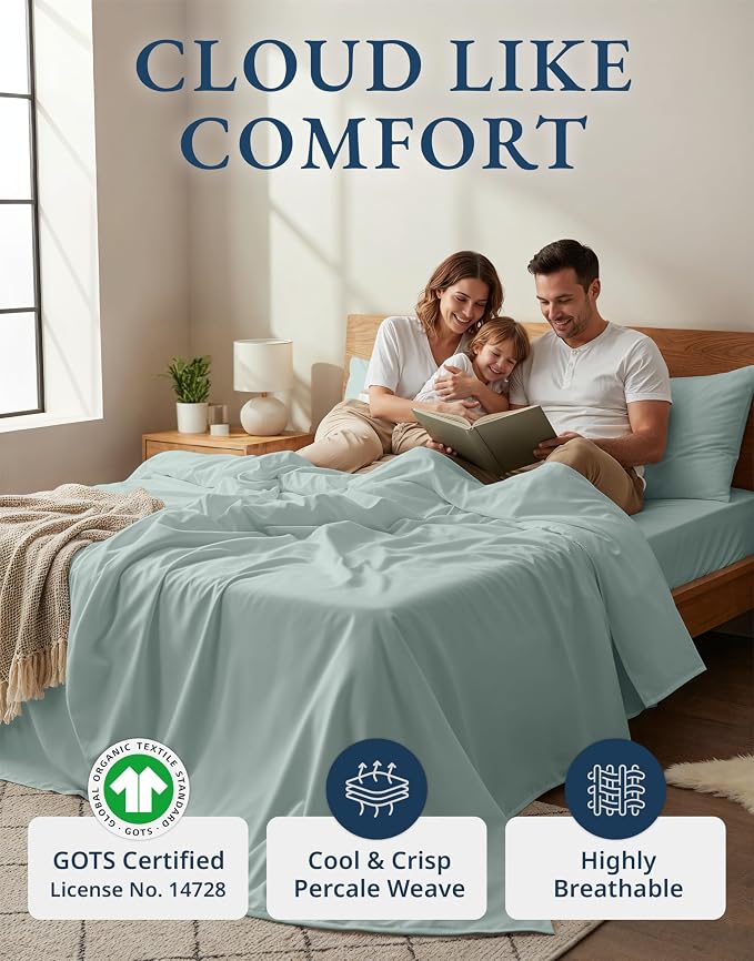 LANE LINEN Twin Bed Sheet Set 100% Organic Cotton Percale 3pc - French Blue | GOTS Certified Organic Cotton Percale Twin Sheet Set - For Hot Sleepers, All-Season Comfort, For Dorm & Guest Rooms
