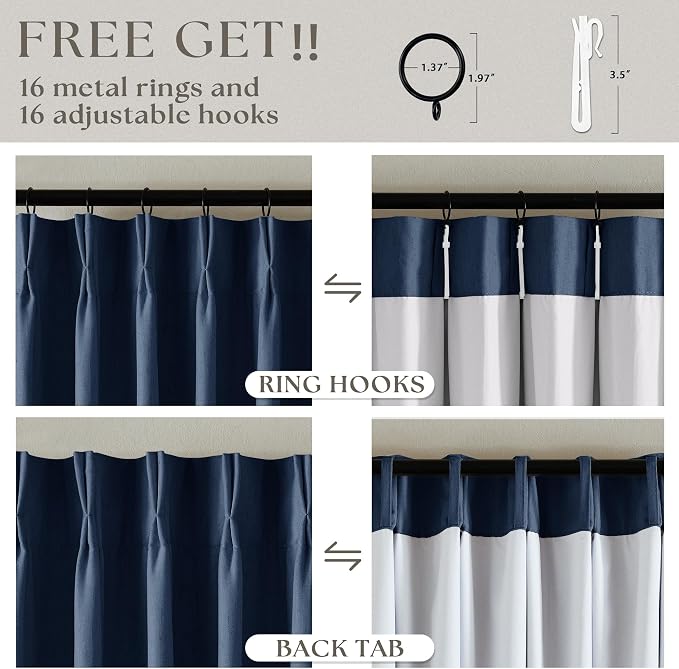 Navy Blue 100% Blackout Pinch Pleated Linen 63 Inch Curtains with Liner | Memory Trained, Thermal Insulated, Heat Blocking, Black Out Curtains for Small Window Dining Room Bedroom 2 Panels W40xL63