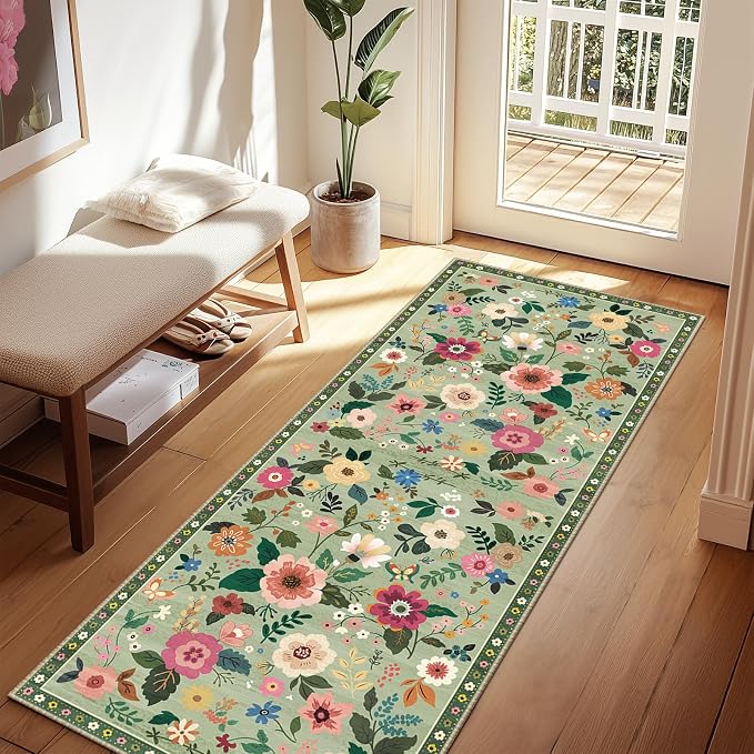 Floral Washable 2x6 Area Rugs Runner Entryway Hallway LightGreen | Flower Carpet, Print, Boho, Non-Slip, Easy to Clean, Low Pile, Soft, for Living Room Bedroom Kitchen Office Entrance