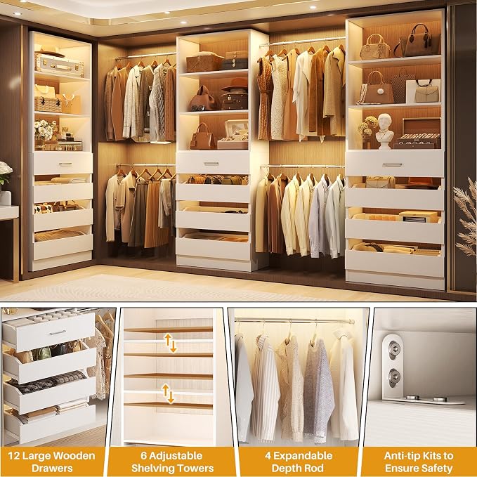 Aheaplus Closet System with 12 Drawers, 8.5-11.5Ft Wood Closet Organizer | White Closet Storage with 4 Hanging Rods & 3 Towers, 4Ft & 6Ft L-Shaped Walk-in Closets Wardrobe Organizer, Set of 3