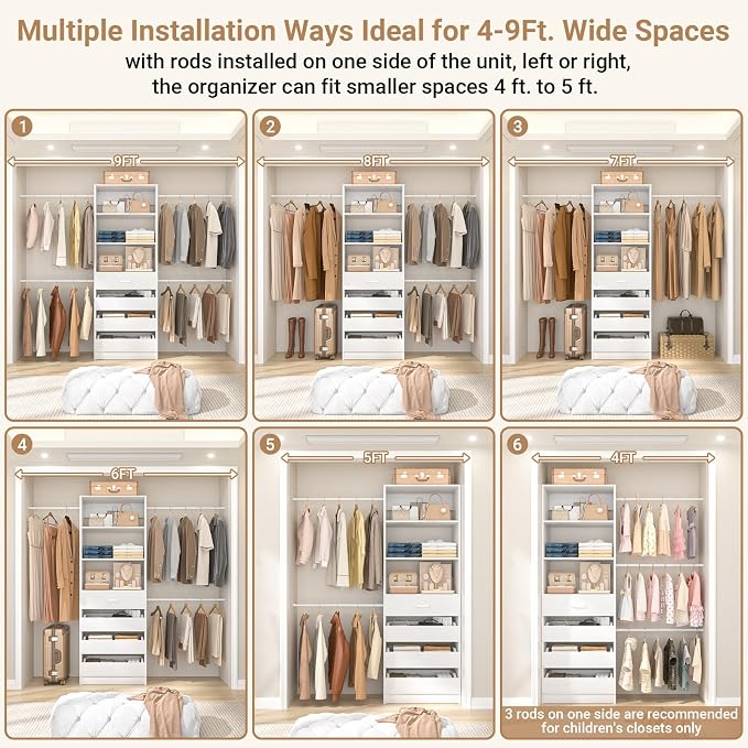 Aheaplus Closet System, 4-9Ft Closet Organizer with 4 Wooden Drawers, White | Wood Closet Organizer System with Tower, Walk-in Closet Organizer Wardrobe Clothes Rack with 4 Hanging Rods, Garment Rack