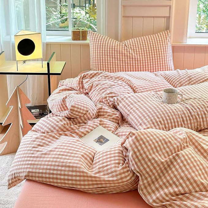 LifeTB Pink Gingham Comforter Set Full Modern Style Pink Plaid Comforter Set 3 Pieces Grid Checkered Pattern Comforter with 2 Pillowcases Fluffy Boho Farmhouse Gingham Bedding Comforter Full