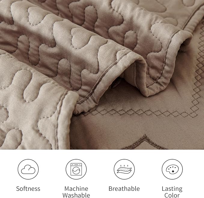 Cmfshape Oversized Floral Embroidery Quilt Set,3 Pieces Super King Quilt Bedding Set,Classic Diamond Pattern Quilt,Ultra Soft Lightweight Reversible Bedspread Coverlet for All Season(Taupe,120"x128")