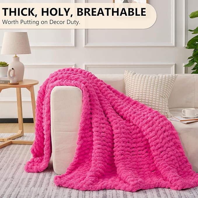 L'AGRATY Chunky Knit Throw Blanket for Couch, 50 x 60 Inches, Hot Pink | Handmade Chenille Crochet Blanket for Sofa Bed, Thick Cable Knitted Blankets for Room Home Decor, Birthday Gift for Women Mom
