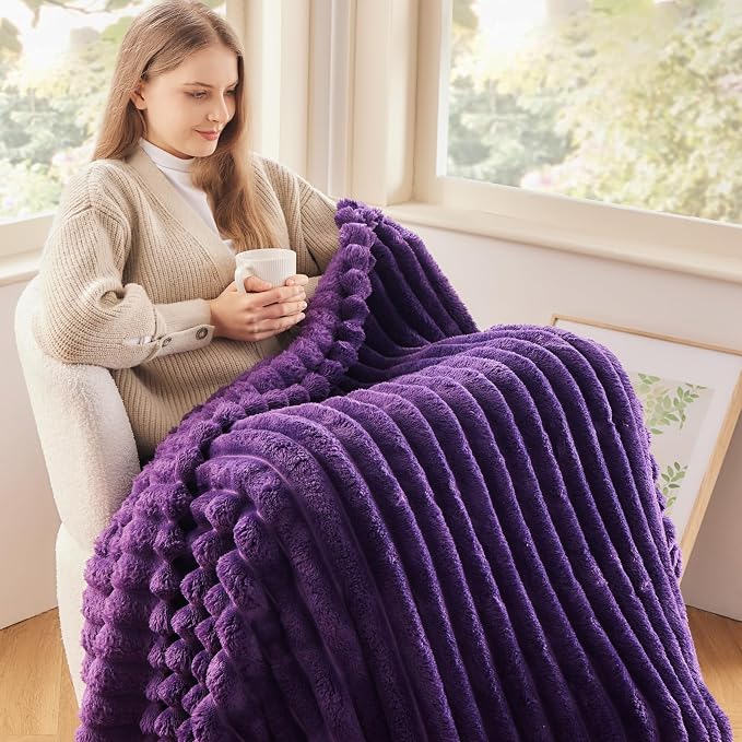 NEWCOSPLAY Fleece Ribbed Cozy Twin Blanket for Couch, Purple, 60"x80" | Premium Silky Flannel Blanket, Soft Lightweight Fluffy Throw Blanket for Bed Sofa Decor, Gift for All Season Use