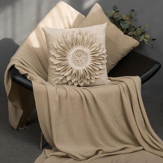 OiseauVoler Elegant 3D Flower Decorative Throw Pillow Covers 18x18 Inch Tan | Vintage Floral Pillow Cases Covers Easy Care Machine Washable For Home Sofa Bed Living Room Farmhouse Taupe Earth Tone Colors