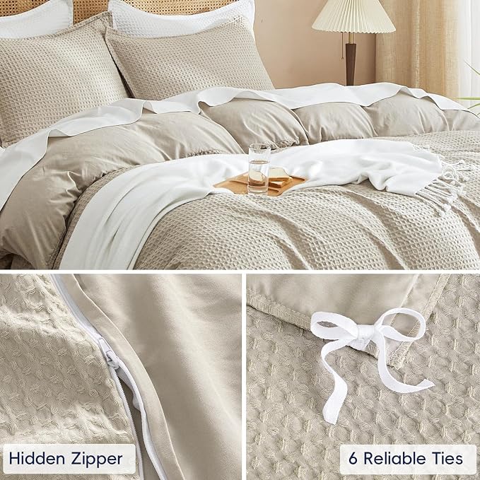 PHF Waffle Duvet Cover Twin/Twin XL, Soft & Breathable, 68"x90", Linen | 300GSM Fabrie，No Snagging Textured Honeycomb Comforter Cover for All Season 3pcs, Durable Bedding Duvet Set, Home Decor Gift