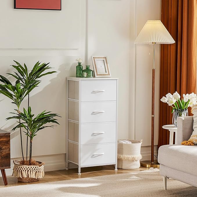 DUMOS Nightstand, Bedside Table with 4 Fabric Drawers | Night Stand with Removable Bins, Steel Frame Wood Top, Organizer Furniture for Bedroom Closet, Living Room, Chalky