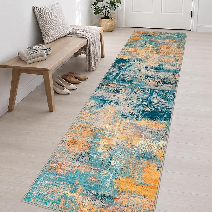 2.6x14 Washable Runner Rug:Modern Abstract Soft Carpet Rosy Haze | For Hallway, Bedroom, Kitchen, Laundry, Bathroom,Door Mat,Modern Abstract,Machine washable,Non-Slip,Stain Resistant,Indoor