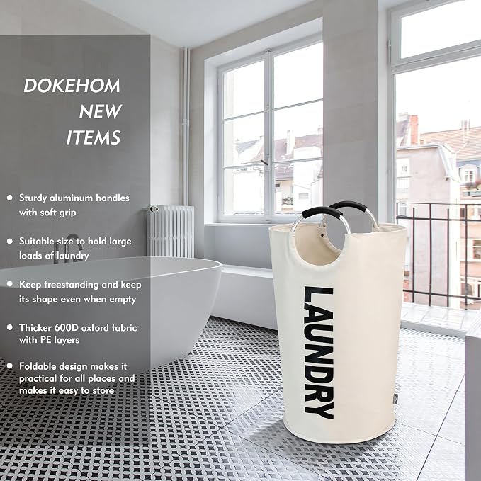 DOKEHOM 125L X-Large Laundry Basket Bag, Collapsible Tall Hamper, Beige | Freestanding tall washing bin & foldable laundry bag. Extra large clothes storage basket with durable sturdy handles