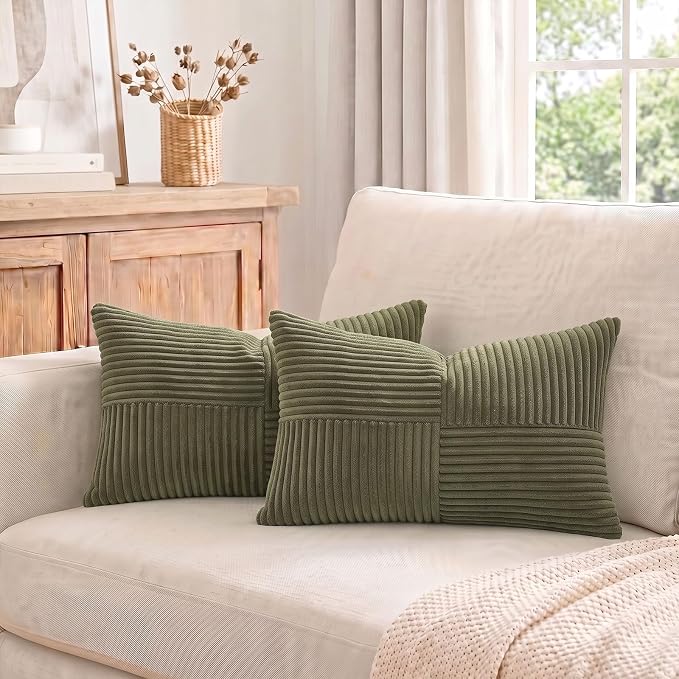 Fancy Homi 2 Packs Olive Green Long Lumbar Decorative Throw Pillow Covers 16x24 Inch for Couch Bed Sofa, Rustic Farmhouse Boho Home Decor, Soft Striped Corduroy Rectangle Accent Cushion Case 40x60 cm