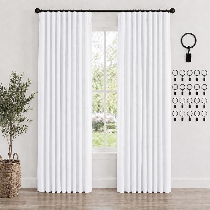Deconovo 100% Blackout Curtains for Bedroom, Linen Textured Thermal Insulated Drapes with 20 Clip Rings, Noise Reducing Curtains for Nursery, Set of 2, White, 52 x 63 Inch, 2 Panels