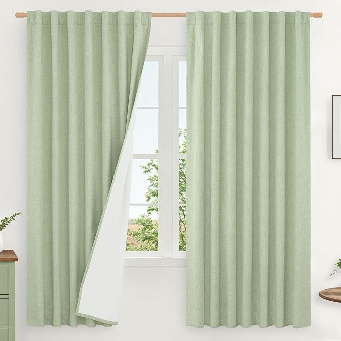 63 Inch 100% Blackout Linen Bedroom Curtains with White Liner | Light Green, Living Room, Farmhouse Curtains, Thermal, Room Darkening, Rod Pocket Back Tab Drapes, 2 Panels, 60 x 63 Inch