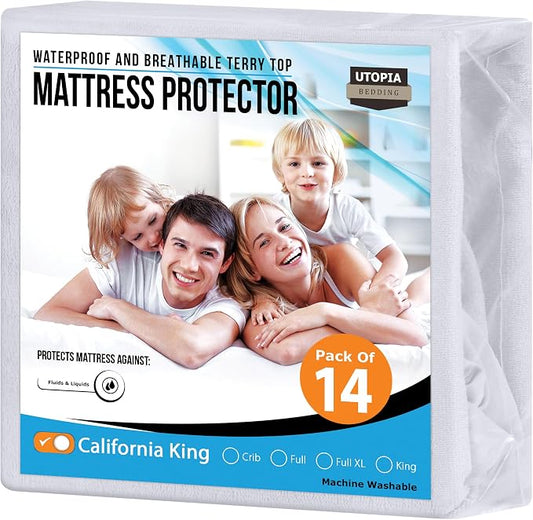 Utopia Bedding Waterproof Mattress Protector California King Size (Pack of 14), Premium Terry Mattress Cover 200 GSM, Breathable, Fitted Style with Stretchable Pockets (White)