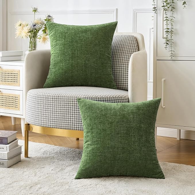 MIULEE Soft Chenille Throw Pillow Covers Moss Green 20x20 Inch Pack of 2 | Modern Home Decor, Classic Decorative Pillows, Solid Dyed Cases, Boho Couch Cushion Covers for Sofa Bed Living Room