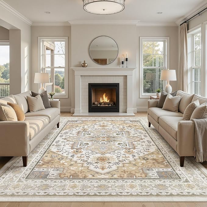 UERMEI 10x14 Area Rug for Living Room - Washable Vintage Carpet, Non-Slip Soft Large Indoor Floor Rugs for Bedroom Home Office & Under Dining Table Decor, Brown Beige