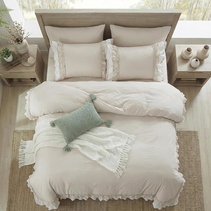 Bedorm Beige Duvet Cover Set Twin Ruffle Bedding Set Pleat Ruffled Shabby Chic Comforter Cover Extra Soft & Easy Care White Boho Duvet Cover with Zipper Closure