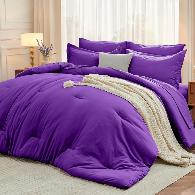 5 Pieces Twin Comforter Set, Soft Bed in a Bag Twin Size, All Season Bedding Set with Comforter, Flat Sheet, Fitted Sheet, Pillowcases & Shams, Purple