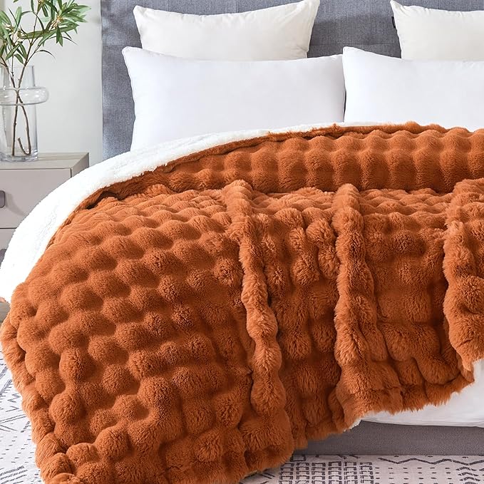 50x60 Inches Ultra-Soft Fuzzy Faux Fur Plush Throw Blanket - Thick, Warm Sherpa for Couch, Sofa, Bedroom, Camping - Decorative Blanket for Cozy Warmth, Bubble Rust