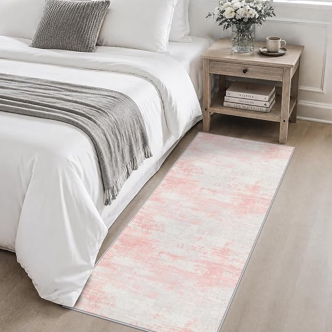 2x5 Washable Runner Rug：Modern Abstract Soft Carpet Pink White | For Hallway, Bedroom, Kitchen, Laundry, Bathroom,Door Mat,Modern Abstract,Machine washable,Non-Slip,Stain Resistant,Indoor