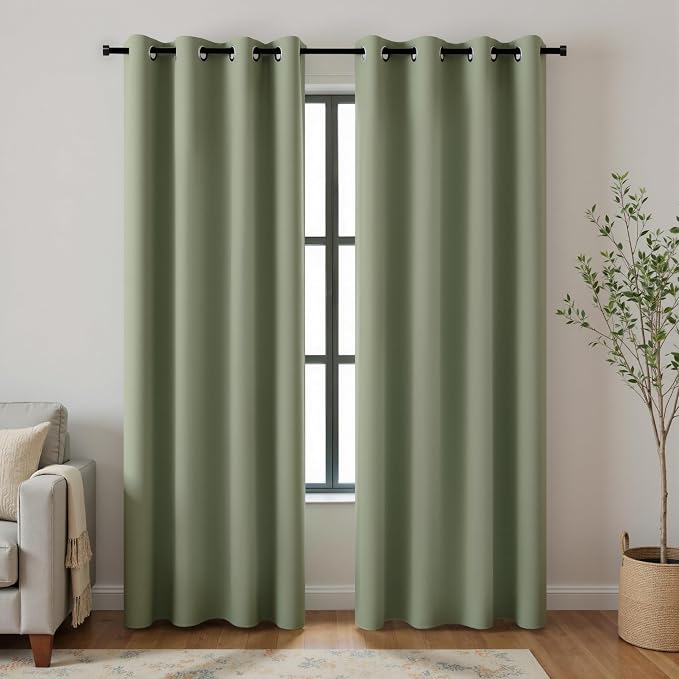 KOUFALL Vintage Curtains Blackout 90 Inch Long for Bedroom,Green Farmhouse Whimsical Looking Plain Solid Color Light Olive William Morris Curtains for Living Room 2 Panel Set