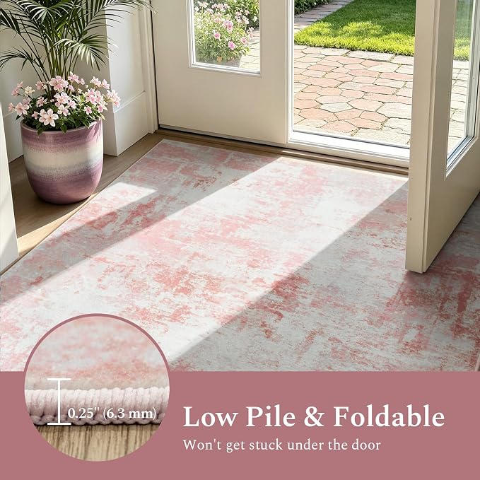 Rugflix 8x10 Area Rugs for Living Room, Washable Pink White Large Rug | Machine Washable; Stain-Resistant; Low Pile; Non-Slip; Modern Abstract; Carpet for Bedroom Dining Office Nursery Home