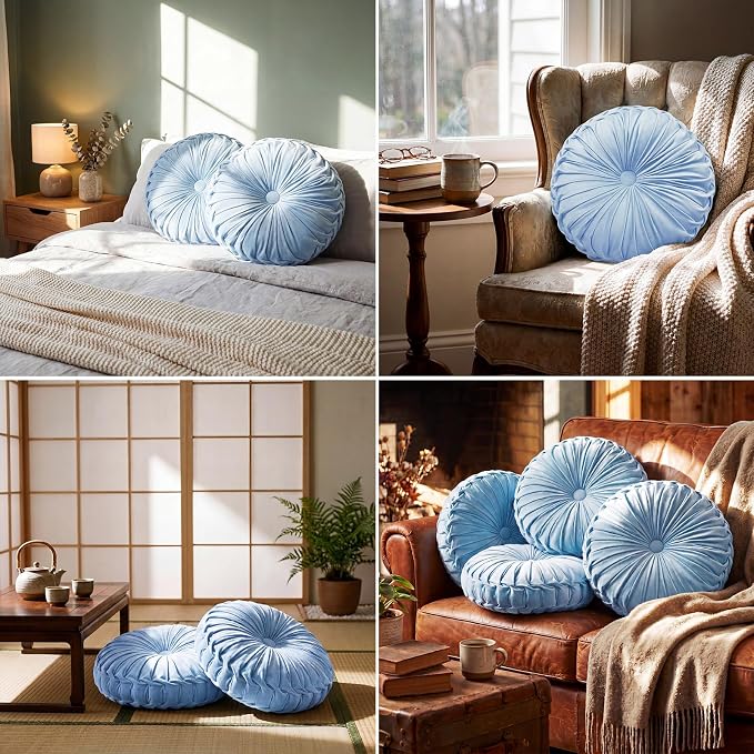 Kathfly 2 Pcs Decorative Round Pleated Throw Pillows, Classy Velvet Pumpkin Round Throw Pillows, Decorative Floor Pillow for Bed Chair Home Sofa Decor, 14" Diameter (Sky Blue)