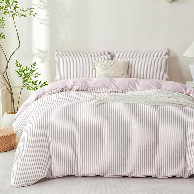 Light Purple Queen Size Comforter Set Striped Soft Luxury Washed Microfiber Jacquard 3 Pieces Bedding, Purple Vertical Ticking Stripes Comforter with 2 Pillowcases Breathable Durable Comfy