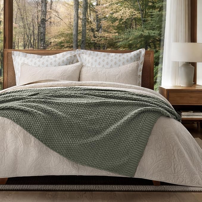 EVERGRACEHOME Chunky Chenille Knit Throw Blanket, 50x60, Dried Thyme Green | Sculpted Moss Stitch, Chic Modern Farmhouse, All-Season Warmth, OEKO-TEX® Certified, Elegant Blanket for Couch, Bed, Sofa