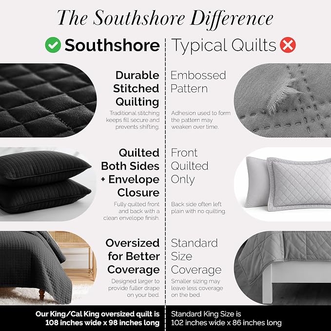 Southshore Fine Living, Inc. Oversized King Quilt Bedding Set, Microfiber Quilts, Pet Hair Resistant Bedding, Oversized King Size Quilt Set w/2 Pillow Shams, Black Bedspread & Coverlet Sets