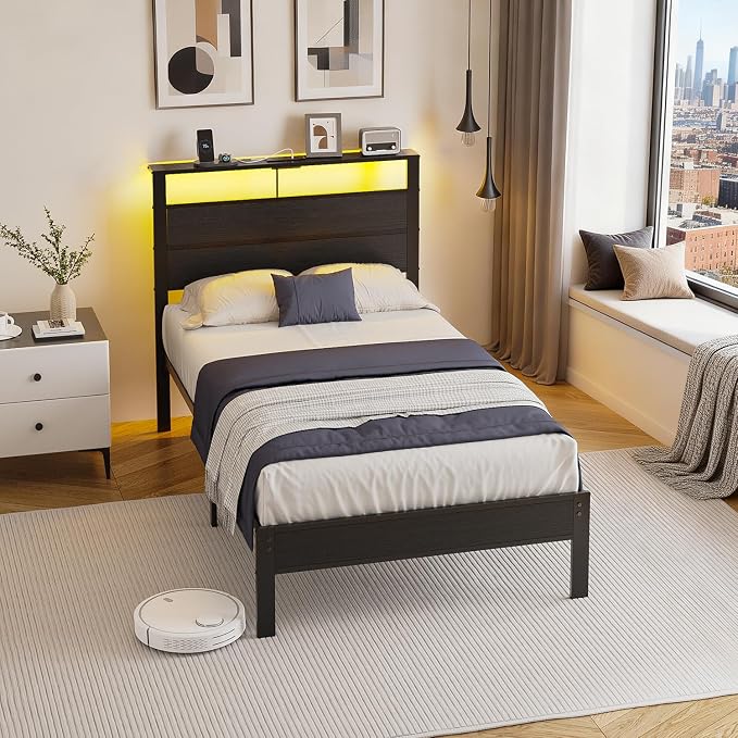 Twin Size Bed Frame with LED Lights and USB Charging Station | Black Metal Platform Bed with Storage Headboard, Noise Free, No Box Spring Needed, Easy Assembly
