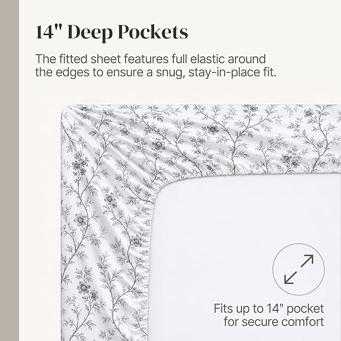 Modern Threads Silky Soft Microfiber and Wrinkle Free Sheets - Luxurious Microfiber Bed Sheets Includes Flat Sheet, Fitted Sheet with Deep Pockets, & Pillowcases Grey Garden Toile, King
