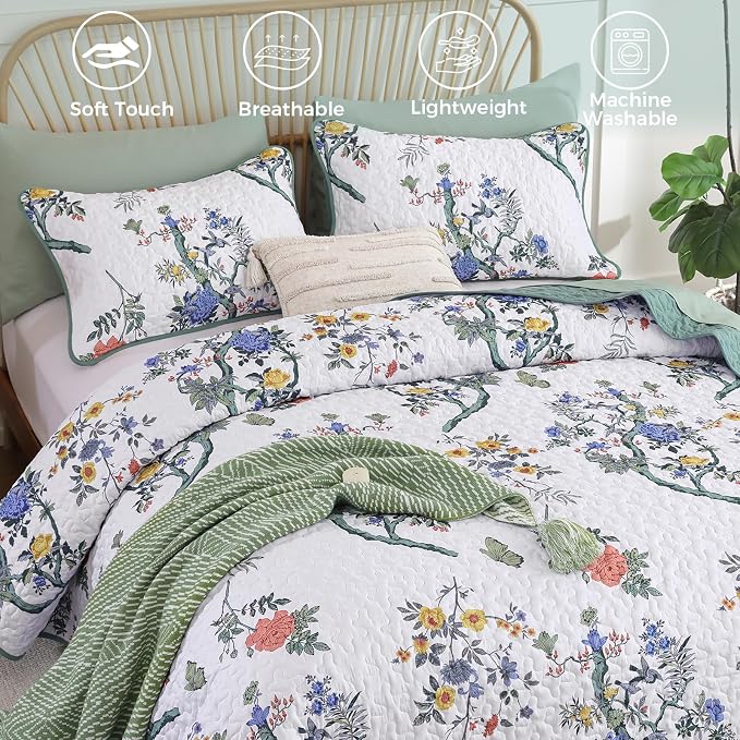 WONGS BEDDING Floral Quilt Set Queen, 3 Pcs Blue Green Bedspreads Coverlets | Spring Summer Floral Farmhouse Bedspread with 2 Shams,Soft Microfiber Lightweight Coverlet for All Season 96"×90"