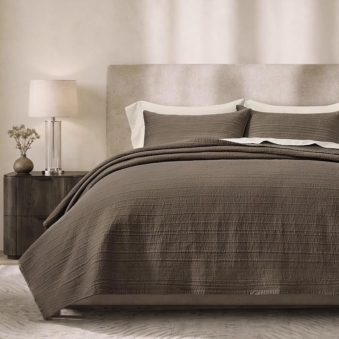 EVERGRACEHOME Cotton Sateen Channel Quilt Set, King Size, Espresso Brown | 100% Cotton, Pre-Washed Soft Coverlet Bedspread, 3-Piece Refined Channel Stitch Bedding Set for All Season, 2 Pillow Shams