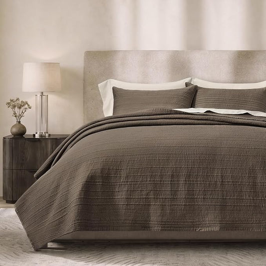 EVERGRACEHOME Cotton Sateen Channel Quilt Set, Queen Size, Espresso Brown | 100% Cotton, Pre-Washed Soft Coverlet Bedspread, 3-Piece Refined Channel Stitch Bedding Set for All Season, 2 Pillow Shams