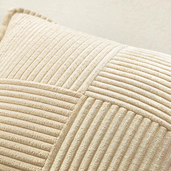 MIULEE Decorative Throw Pillow Covers for Couch 20x20 Inch Cream 2 Pack | Boho Broadside Striped Patchwork Pillow Covers, Soft Corduroy Cushion Cases, For Sofa Bed Livingroom Home Decor